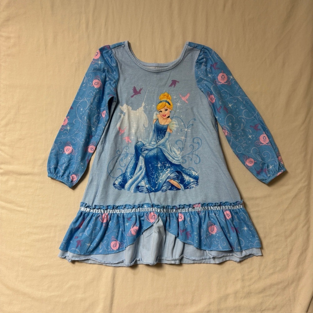 Disney Cinderella Nightgown Girls 4 Princess Pajamas Blue Long Sleeve Ruffle